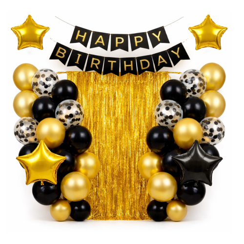 Komplet dekoracji urodzinowych Baner girlanda Ścianka Tło Kurtyna złota