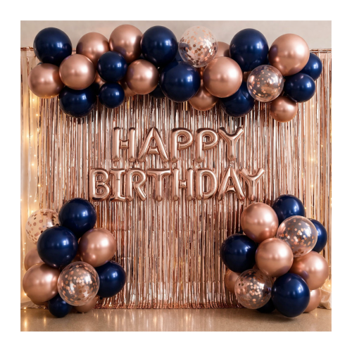 Balony Rose Gold Granatowe Zestaw dekoracji na urodziny Happy Birthday.png
