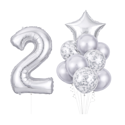 Balony na urodziny z DOWOLNĄ cyfrą 0-99 srebrną 100cm Zestaw balonów hel.png