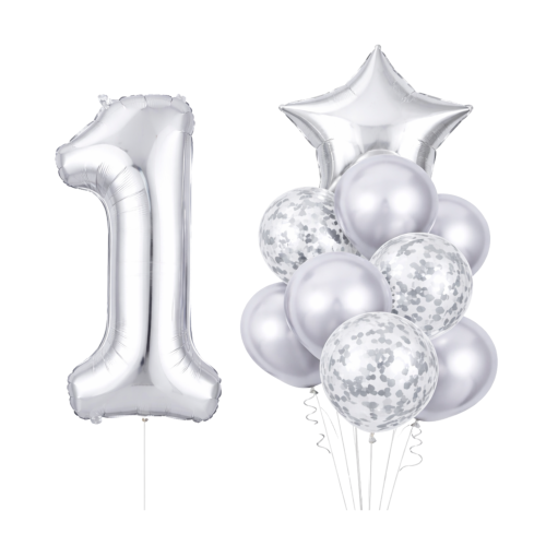 Balony na urodziny z DOWOLNĄ cyfrą 0-99 srebrną 100cm Zestaw balonów hel.png