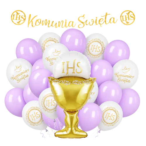 Zestaw balonów na Komunię świętą Hostia liliowe