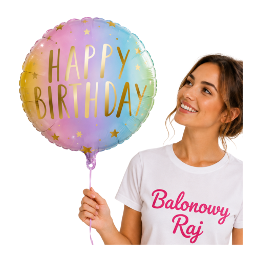 Balon z nadrukiem Happy Birthday pastelowy 16stka