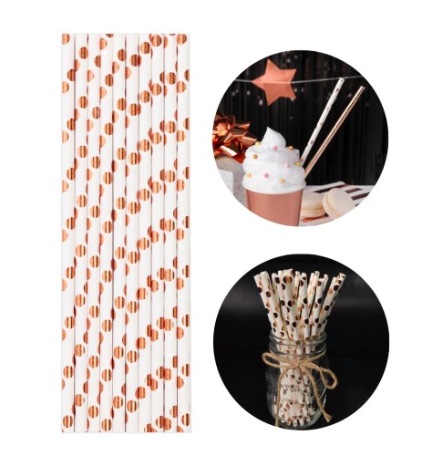 Słomki białe w kropki rose gold 10szt.