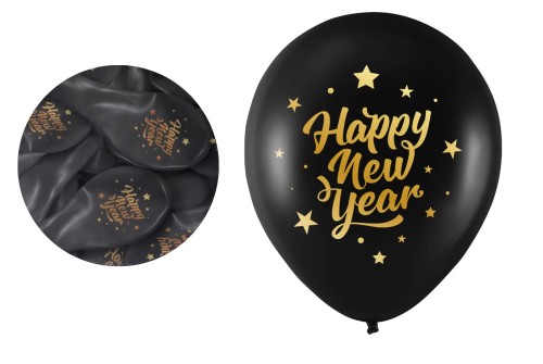 Balony na SYLWESTRA zestaw balonów Happy New Year GWIAZDY czarne z konfetti