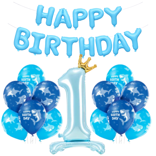 Zestaw balonów Roczek Rekin cyfra 1 stojąca błękitna Napis Happy Birthday
