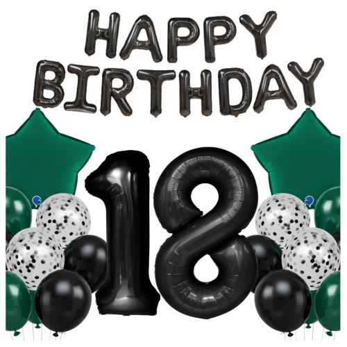 Balony urodziny butelkowa zieleń cyfry czarne 100cm 0-99 Happy Birthday