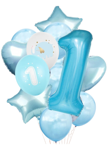 Balony Roczek Chłopca Zestaw błękitne serca gwiazdy konfetti Cyfra 1 100cm
