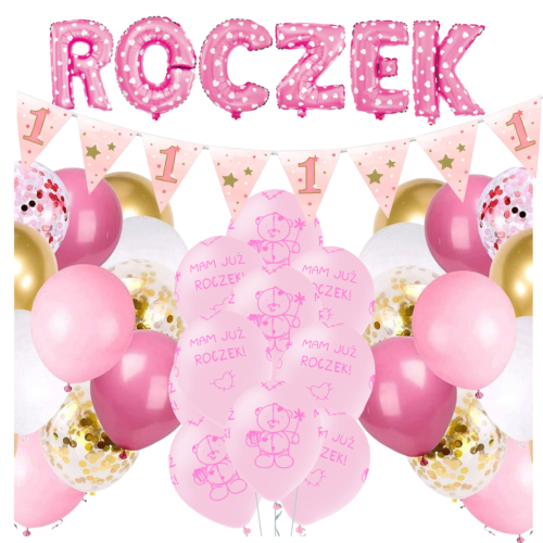 Balony ROCZEK dziewczynki Napis Flagi girlanda Mam już roczek Zestaw