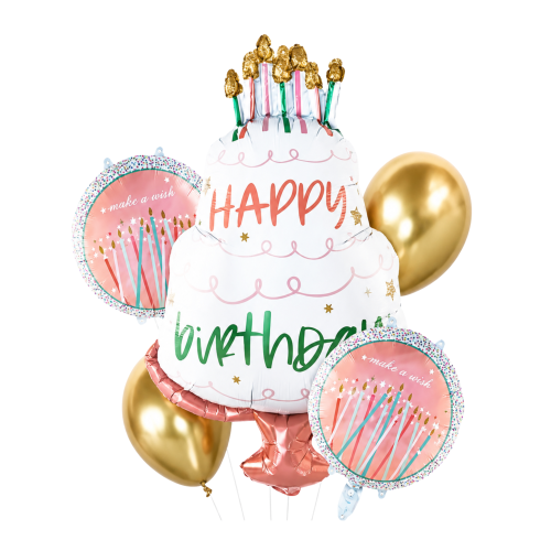 Zestaw balonów z tortem świeczkami Happy Birthday