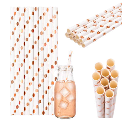 Słomki białe w kropki rose gold 10szt.