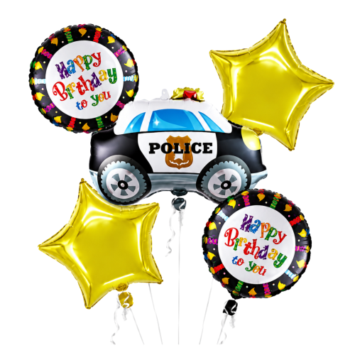 Zestaw Balonów Policja Radiowóz 5 sztuk Happy Birthday.png