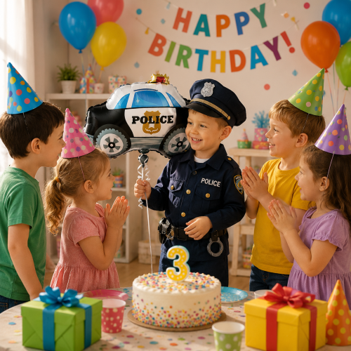 Zestaw Balonów Policja Radiowóz 5 sztuk Happy Birthday.png