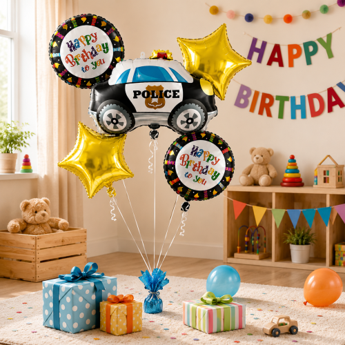 Zestaw Balonów Policja Radiowóz 5 sztuk Happy Birthday.png