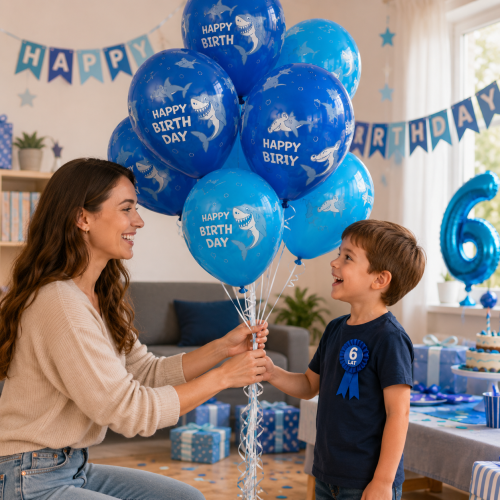 Balony lateksowe Birthday Shark 6 sztuk 30cm niebieskie Rekiny Ocean .png