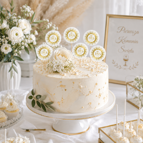 Toppery na tort IHS 6 sztuk pikery do babeczek Komunia Święta 10cm.png
