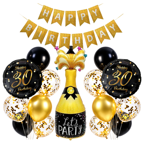 Balony 30 Urodziny 30stka Złoto czarny zestaw Baner Happy Birthday SZAMPAN.png