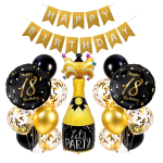 Balony 18 Urodziny 18stka Złoto czarny zestaw Baner Happy Birthday SZAMPAN