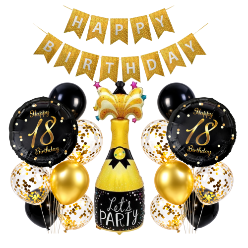 Balony 18 Urodziny 18stka Złoto czarny zestaw Baner Happy Birthday SZAMPAN