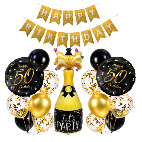 Balony 50 Urodziny 50tka SZAMPAN Baner Happy Birthday Złoto czarny zestaw.png