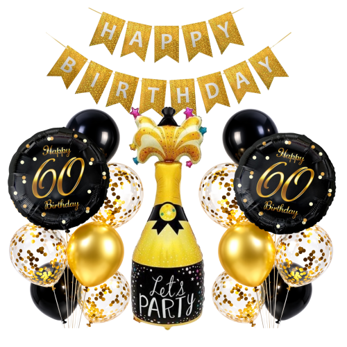 Balony 60 Urodziny 60tka Złoto czarny zestaw Baner Happy Birthday SZAMPAN