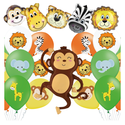 Zestaw balonów Urodziny Roczek z motywem Zwierząt Safari ZOO małpa lew.png