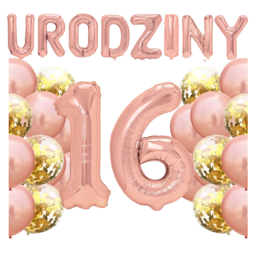 Zestaw balonów na 16 Urodziny Rose Gold Napis Cyfry 100cm