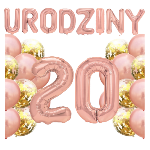 Zestaw balonów na 20 Urodziny Rose Gold Napis Cyfry 100cm.png