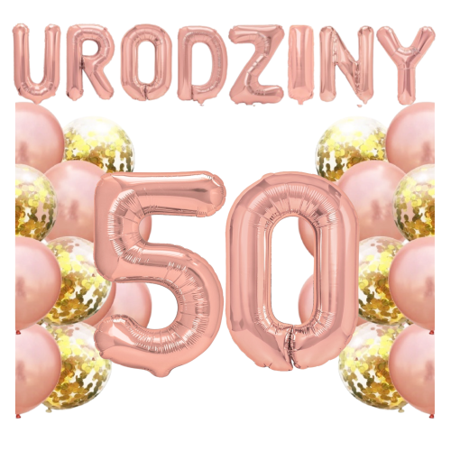 Zestaw balonów na 50 Urodziny Rose Gold Napis Cyfry 100cm.png