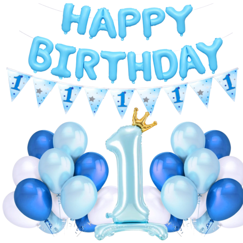 Balony Roczek chłopca CYFRA stojąca Zestaw niebieskie napis Happy Birthday