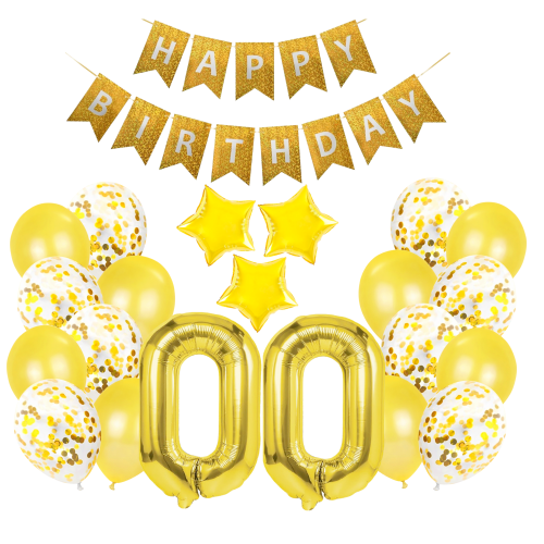 Balony urodzinowe dowolne cyfry 0-99 złote 70cm Baner Happy Birthday gwiazdy