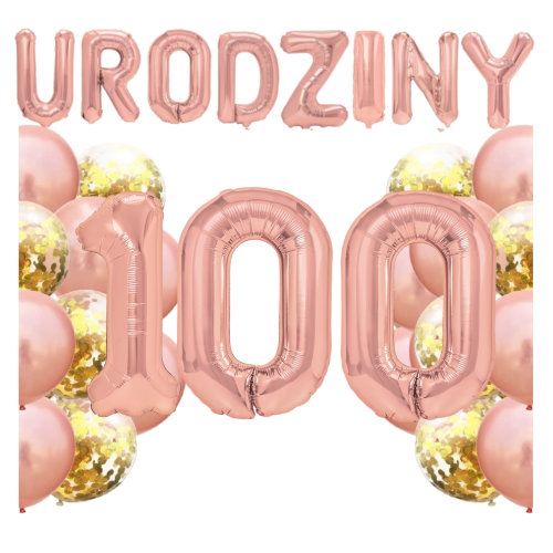 Zestaw balonów na 100 urodziny NAPIS cyfry 100cm STO LAT rose gold balony.png