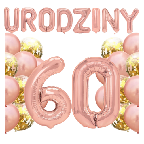 Zestaw balonów na 60 urodziny NAPIS cyfry 100cm60tka rose gold HEL