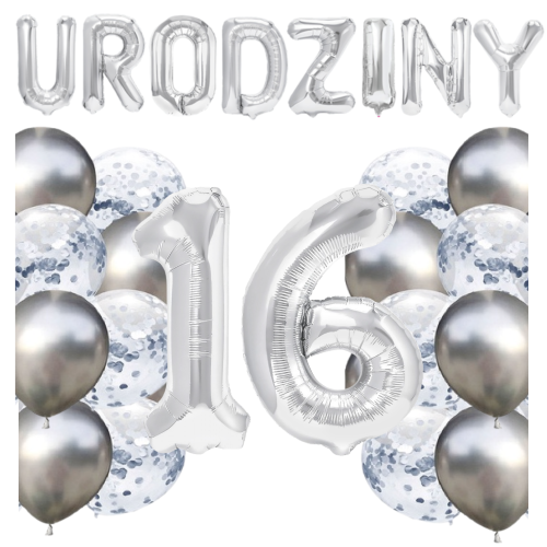 Zestaw balonów 16 urodziny srebrne urodzinowe NAPIS cyfry 70cm konfetti.png