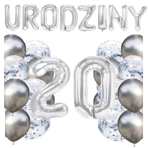 Zestaw balonów 20 urodziny srebrne urodzinowe NAPIS cyfry 70cm konfetti