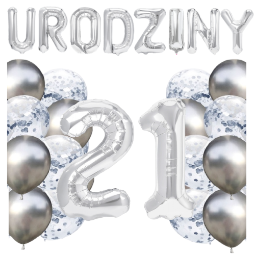 Zestaw balonów 21 urodziny srebrne urodzinowe NAPIS cyfry 70cm konfetti