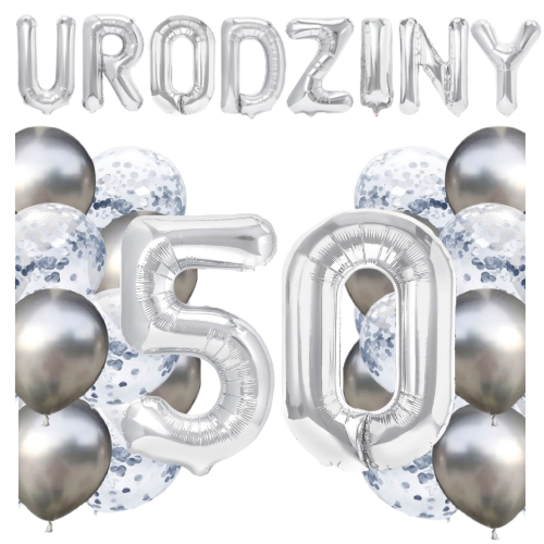 Zestaw balonów 50 urodziny srebrne urodzinowe NAPIS cyfry 70cm konfetti