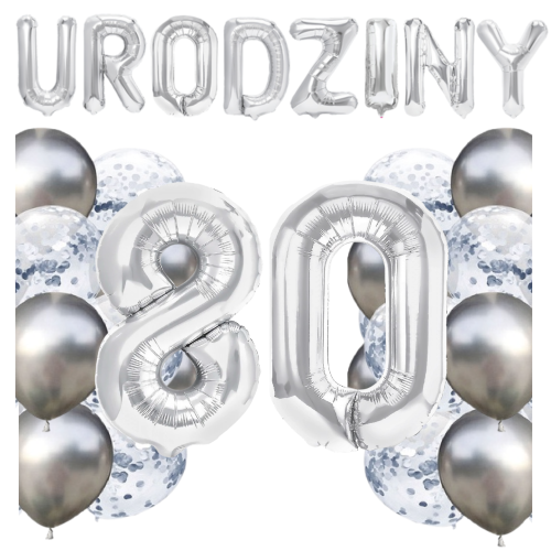 Zestaw balonów urodzinowych 80tka Srebrne Napis Urodziny balony.png