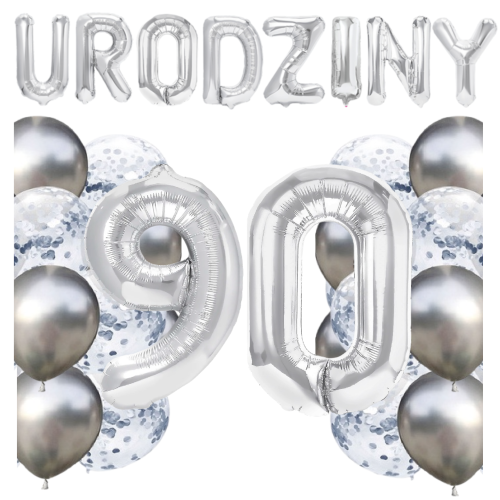 Zestaw balonów 90 urodziny srebrne urodzinowe NAPIS cyfry 70cm konfetti.png