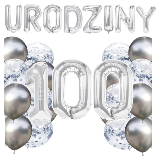 Zestaw balonów 100 urodziny srebrne urodzinowe NAPIS cyfry 70cm konfetti