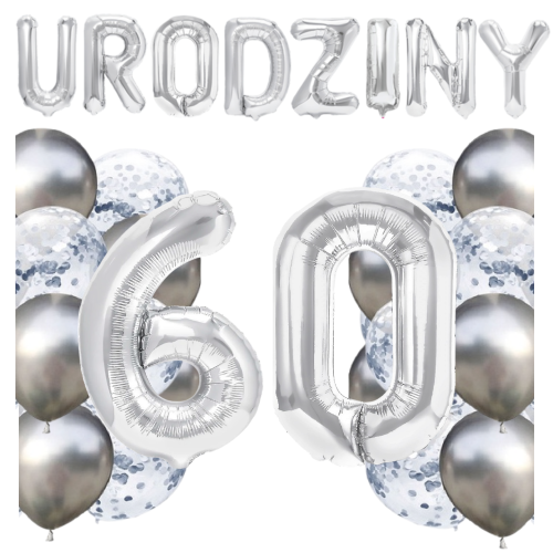 Zestaw balonów 60 urodziny srebrne urodzinowe NAPIS cyfry 70cm konfetti
