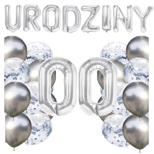 Zestaw balonów na urodziny DOWOLNE CYFRY 0-99 srebrne urodzinowe NAPIS