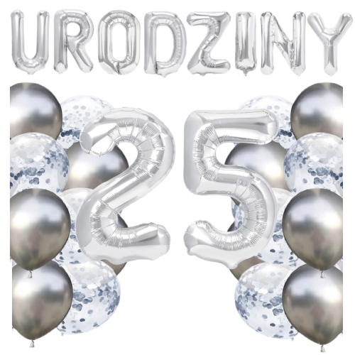 Zestaw balonów na urodziny DOWOLNE CYFRY 0-99 srebrne urodzinowe NAPIS