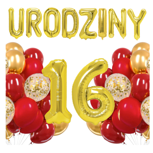 Zestaw balonów złoto czerwonych na 16 Urodziny Cyfry