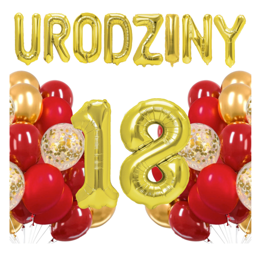 Zestaw balonów złoto czerwonych na 18 Urodziny Cyfry