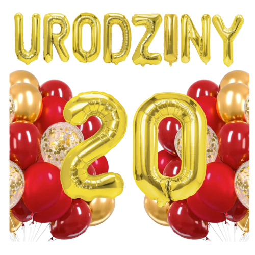 Zestaw balonów złoto czerwonych na 20 Urodziny Cyfry