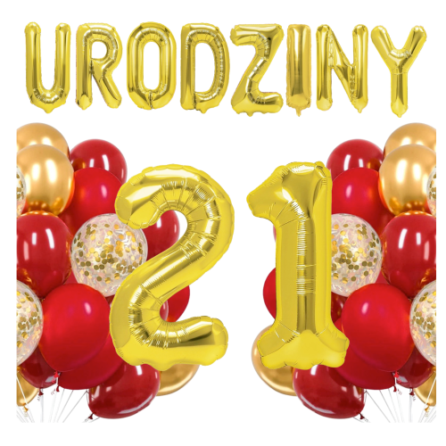 Zestaw balonów złoto czerwonych na 21 Urodziny Cyfry.png