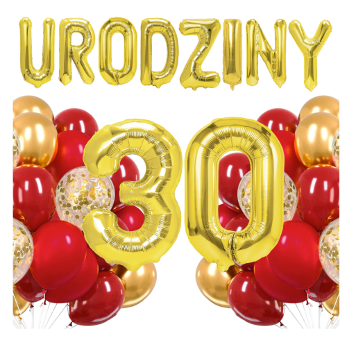 Zestaw balonów złoto czerwonych na 30 Urodziny Cyfry.png