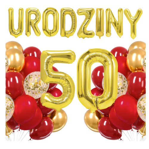 Zestaw balonów złoto czerwonych na 50 Urodziny Cyfry