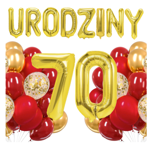 Zestaw balonów złoto czerwonych na 70 Urodziny Cyfry