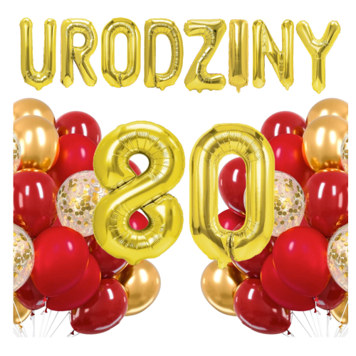 Zestaw balonów złoto czerwonych na 80 Urodziny Cyfry.png